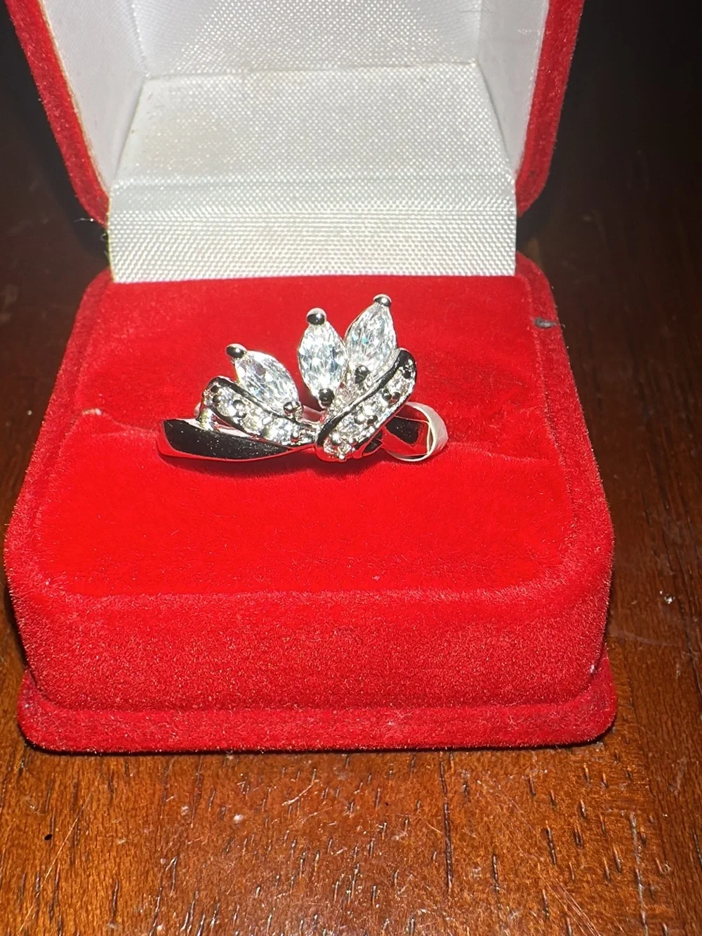 Rhodium Plated  with Cubic Zirconia Silver Crystal Leaf Ring - Clear Sparkle